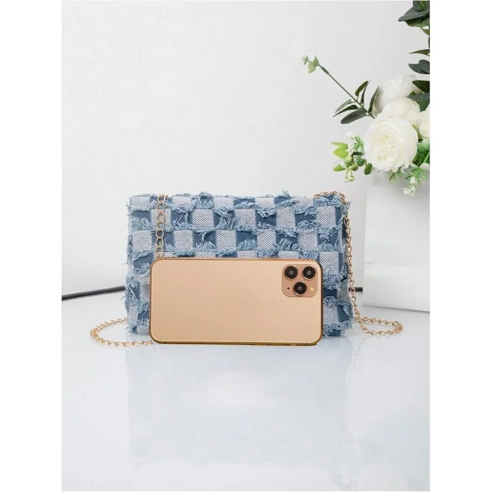 Women's Distressed Denim Crossbody Bag Mini Purse with Chain and Twist Lock